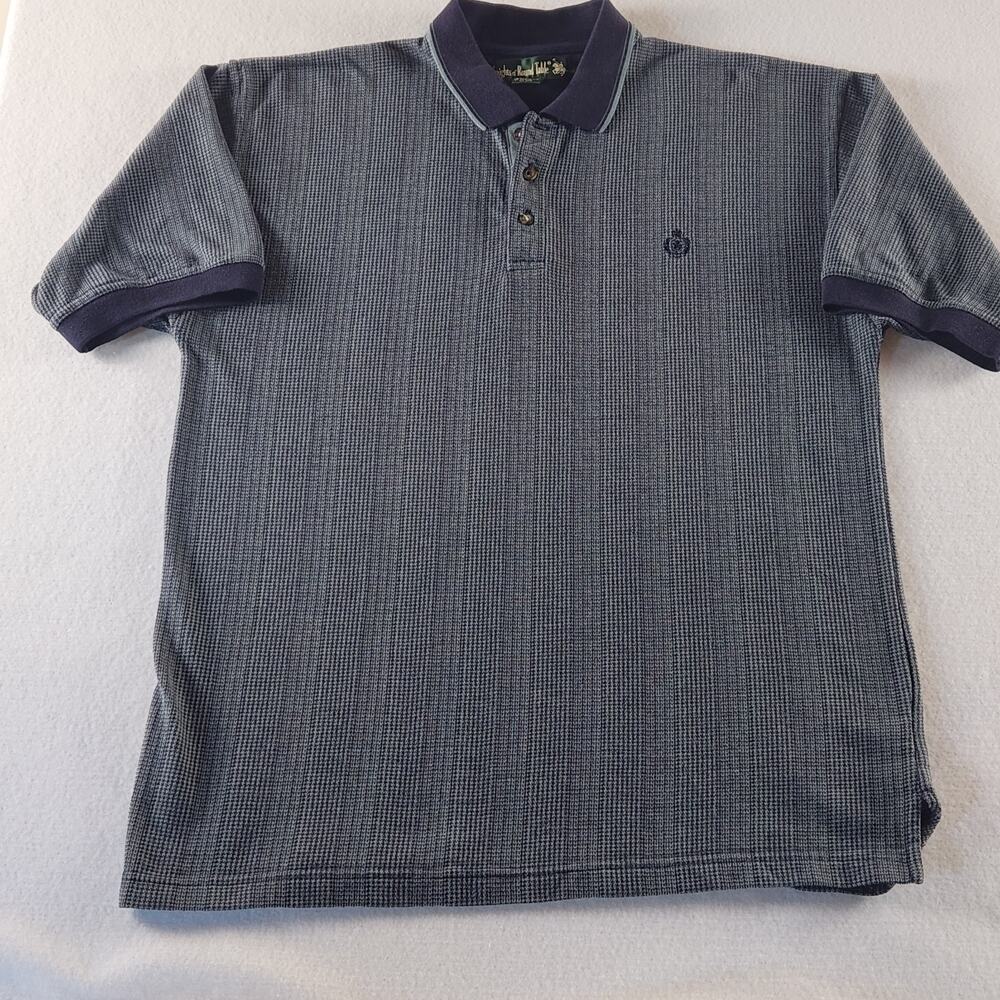 KNIGHTS OF ROUND TABLE Polo Mens XL Navy Blue/Gray Checked Vtg 90s